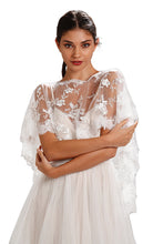 Load image into Gallery viewer, Ivory Lace Wedding Dress Capelet Bridal Shawl With Crystal Neckline Detail