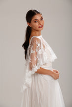Load image into Gallery viewer, Ivory Lace Wedding Dress Capelet Bridal Shawl With Crystal Neckline Detail