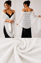 Load image into Gallery viewer, A white sheer shawl or wrap shown on a model in two poses against a light gray studio background, with a close-up fabric texture panel at the bottom. The model wears a black dress underneath to show drape and coverage.