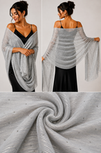 Load image into Gallery viewer, A light silver-gray sheer mesh shawl or wrap with subtle shimmering stripes and small bead-like accents, shown on a model from the front and back, plus a close-up of the fabric texture and sparkle.