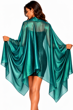Load image into Gallery viewer, A woman shown from the back wearing a shimmering teal-green sheer shawls and wraps cape over a matching mini dress, holding out the wide sleeves against a plain white background.