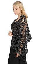 Load image into Gallery viewer, Black Floral Design Sequin Pashmina Shawl