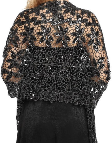 Black Floral Design Sequin Pashmina Shawl