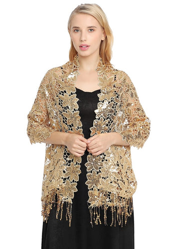 Gold Floral Design Sequin Pashmina Shawl