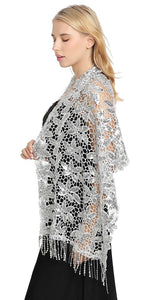 Silver Floral Design Sequin Pashmina Shawl