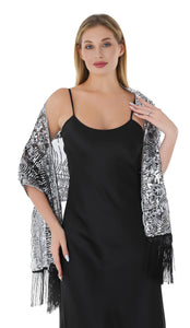 NEW Silver & Black Sequin & White Pashmina Shawl Scarf