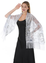 Load image into Gallery viewer, NEW Silver Sequin &amp; White Pashmina Shawl Scarf