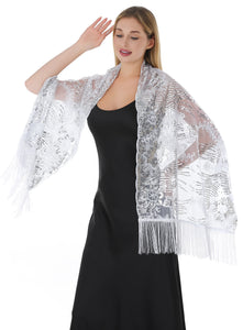 NEW Silver Sequin & White Pashmina Shawl Scarf