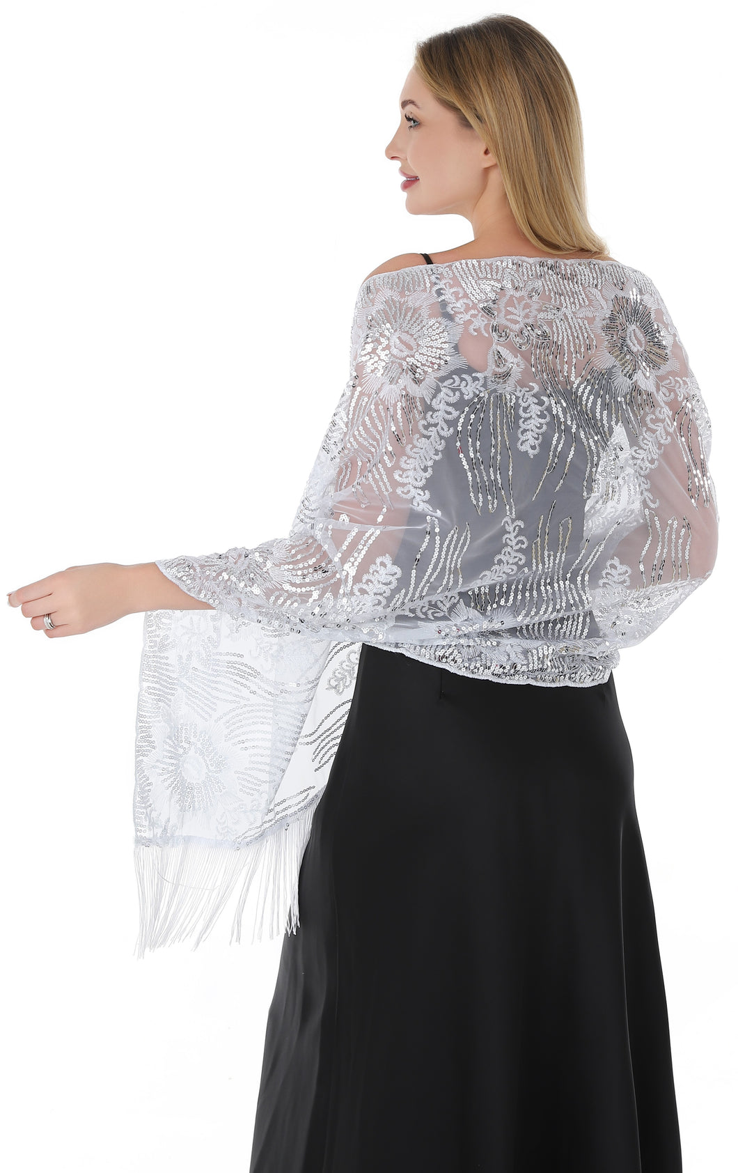 NEW Silver Sequin & White Pashmina Shawl Scarf