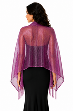 Load image into Gallery viewer, A woman shown from the back wearing a sheer, shimmering magenta-purple wrap or shawl draped over a black dress, against a plain white background.