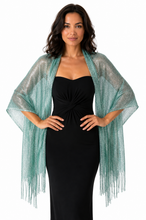 Load image into Gallery viewer, A woman modeling a shimmering sage turquoise green open-front shawl with fringe trim over a black strapless dress, set against a plain white background.