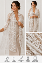 Load image into Gallery viewer, A woman models a lightweight ivory lace cardigan with floral and tiny diamantés patterns, shown in a main photo, a smaller side-view photo, and a fabric close-up panel. Text at the bottom lists features: floral lace design, tiny diamantés, lightweight &amp; soft, versatile styling, and perfect for any occasion.