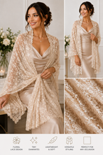 Load image into Gallery viewer, A woman models a champagne beige floral lace kimono robe with a matching satin slip dress in a bright indoor setting. The collage includes a full-body view, a close-up of the lace fabric, and feature icons at the bottom highlighting floral lace design, tiny lace details, lightweight and soft feel, versatile styling, and suitability for any occasion.