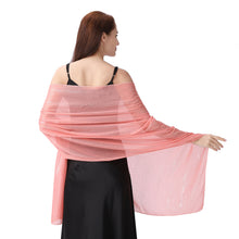 Load image into Gallery viewer, A woman shown from the back wearing a sheer, lightweight pink shawl draped over her shoulders and arms, paired with a black off-the-shoulder top and black skirt, against a solid white background.