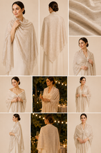 Load image into Gallery viewer, A 3x3 collage showing a woman modeling a lightweight cream shawl or wrap in multiple views and settings. The collage includes front, back, and close-up fabric detail shots, with one darker scene featuring warm string lights.