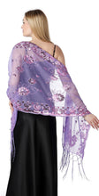 Load image into Gallery viewer, A woman shown from the back wearing a sheer lavender purple shawl with floral embroidery and sequins over a black dress, against a plain white background.