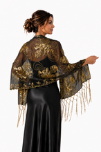 Load image into Gallery viewer, Black Sequin Large Floral Pashmina