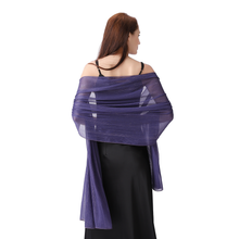 Load image into Gallery viewer, A woman shown from the back wearing a sheer purple wrap or shawl draped over her shoulders and around her arms, paired with a black dress, against a plain white background.