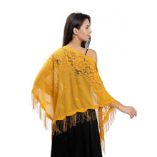Load image into Gallery viewer, A woman wearing a bright yellow lace and tassel shawl draped over her shoulders, shown from the side against a plain white background.