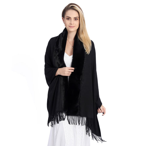 Black Faux Fur Trim Shawl