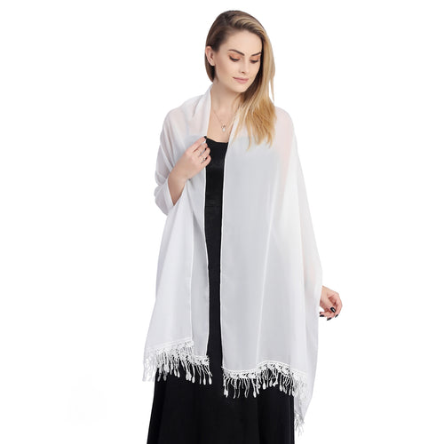 Ivory Chiffon Shawl With Lace Tassels