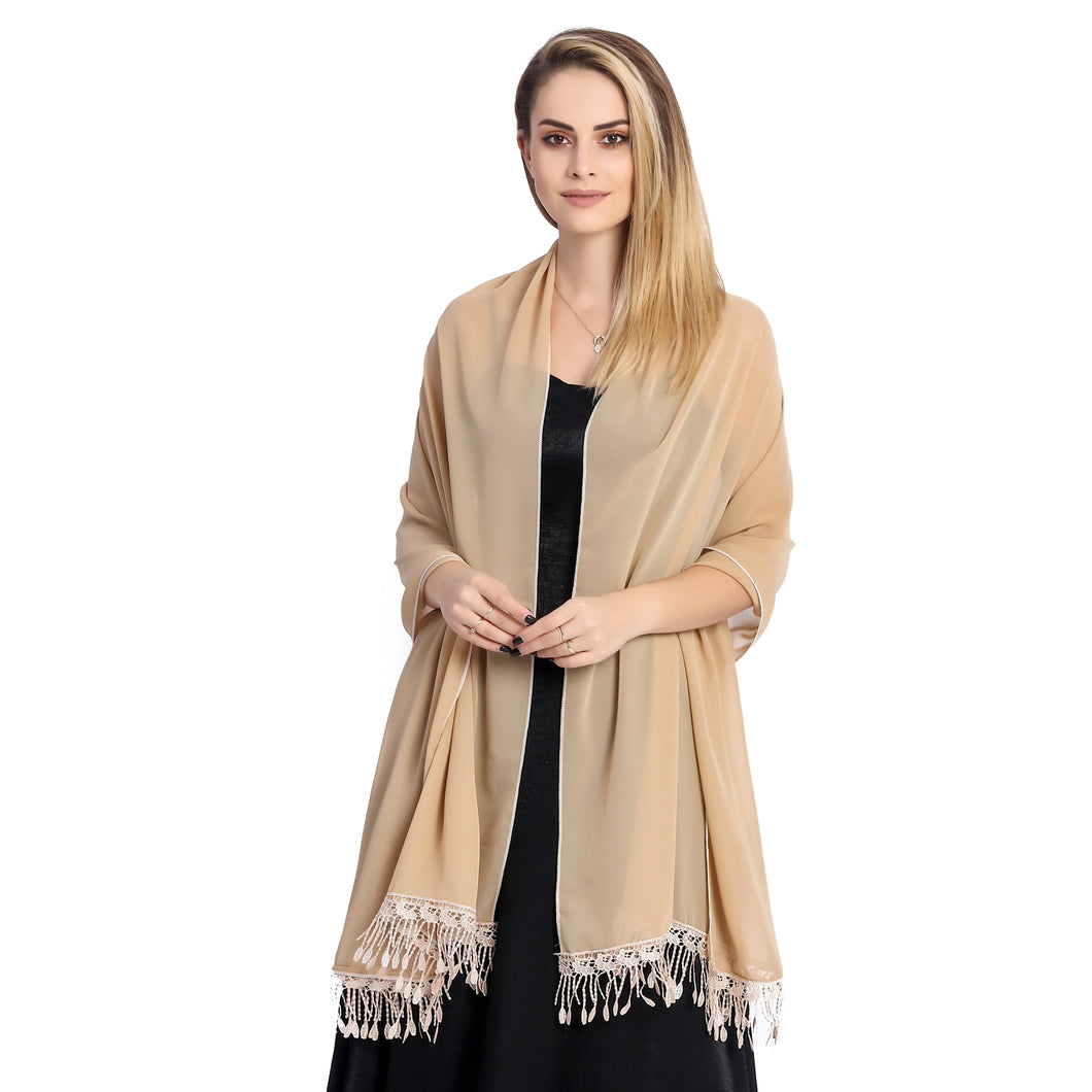 Mocha Chiffon Shawl With Lace Tassels
