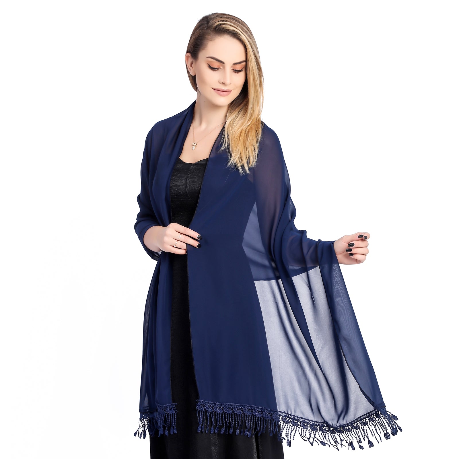 Large Navy Chiffon Shawl With Lace Tassels – Central Chic