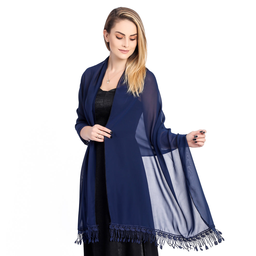 Large Navy Chiffon Shawl With Lace Tassels
