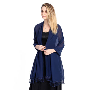Large Navy Chiffon Shawl With Lace Tassels