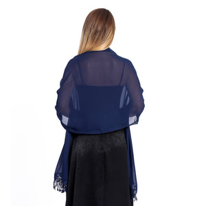 Large Navy Chiffon Shawl With Lace Tassels