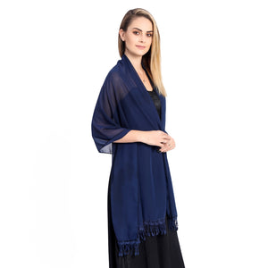 Large Navy Chiffon Shawl With Lace Tassels