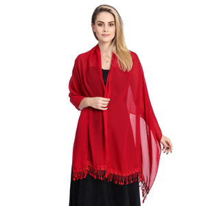 Ruby Red Chiffon Shawl With Lace Tassels