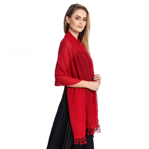 Ruby Red Chiffon Shawl With Lace Tassels
