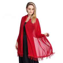 Load image into Gallery viewer, Ruby Red Chiffon Shawl With Lace Tassels