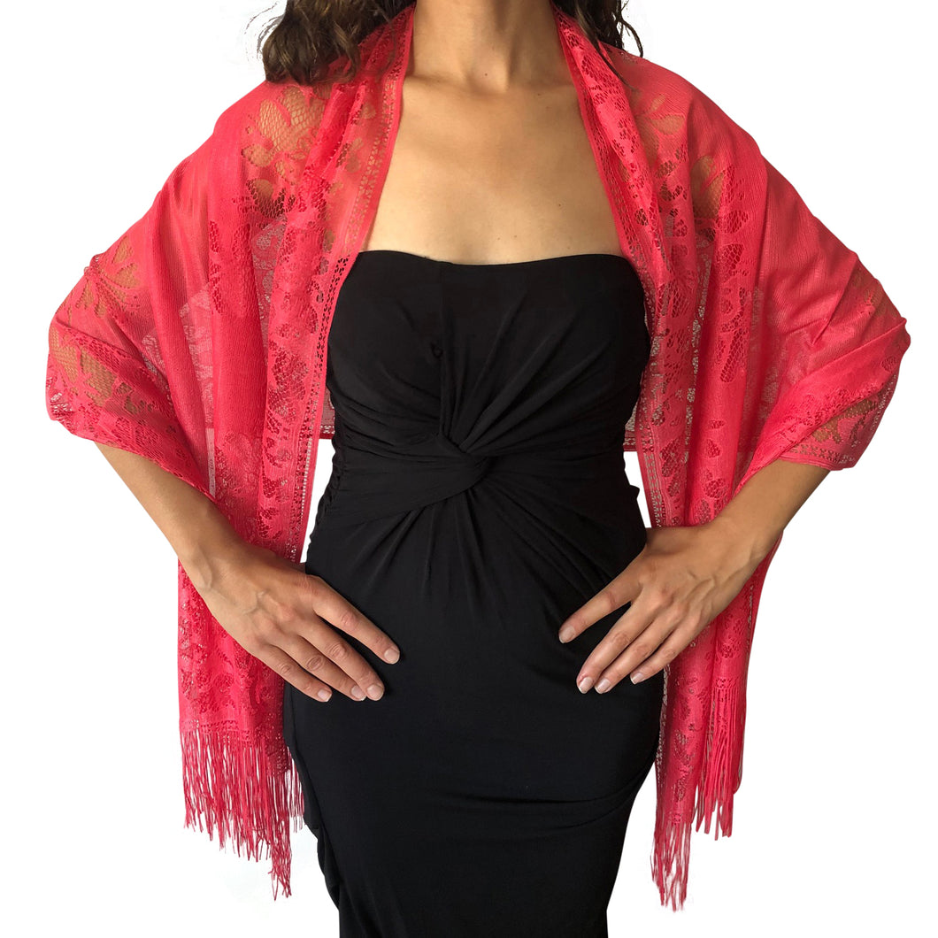 Coral Pink Tulle Wedding Wrap Shawl Lace Pashmina Scarf
