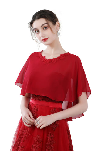 Wine Red Chiffon Cape With Lace Trim