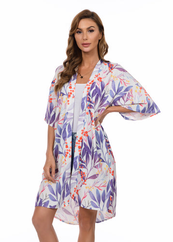 Blue Leaf Print Long Kimono