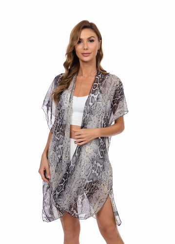 Brown Chiffon Snake Print Kimono