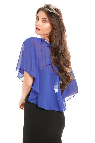 Royal Cobalt Blue Chiffon Cape With Lace Trim