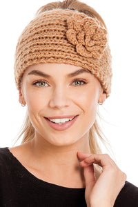 Knitted Ear Warmer Headband With Flower & Button