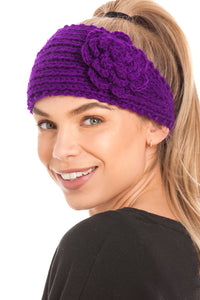 Knitted Ear Warmer Headband With Flower & Button