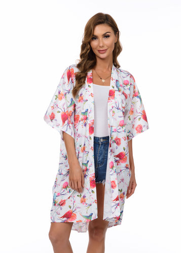 Tropical Bird Print Long Kimono