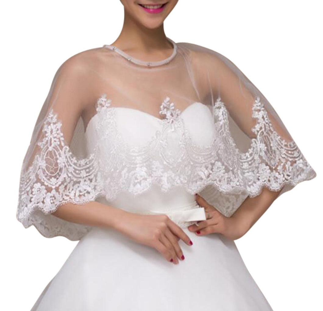 Ivory Lace Trim Wedding Dress Capelet Bridal Shawl With Crystals Style-5