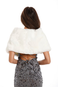 White Faux Fur Shawl With Brooch