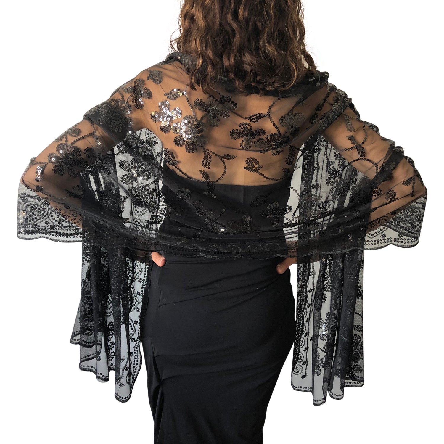 black shawl for dress Vianna Jumpsuit with Niyah shimmering finish Black Sequin Shawl Central