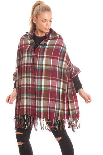 Burgundy Hooded Tartan Blanket Wrap Cape Open Poncho