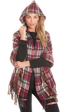 Load image into Gallery viewer, Burgundy Hooded Tartan Blanket Wrap Cape Open Poncho