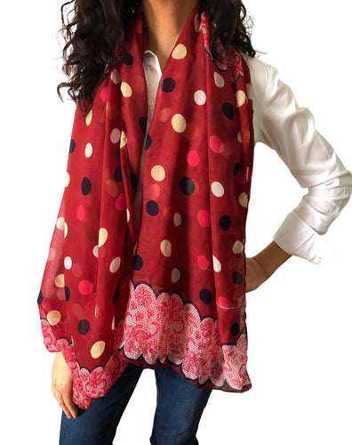 Large Silky Chiffon Red Polka/Lace Scarves & Sarong