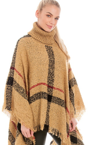 Tartan High Neck Large Poncho In Camel