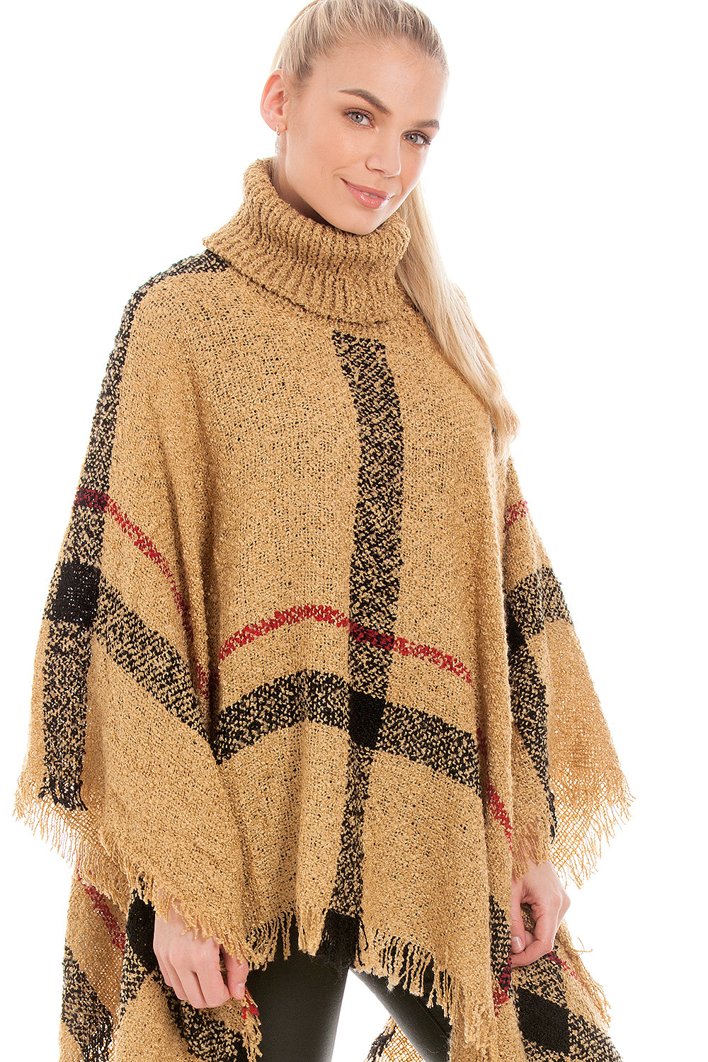 Tartan High Neck Large Poncho In Camel